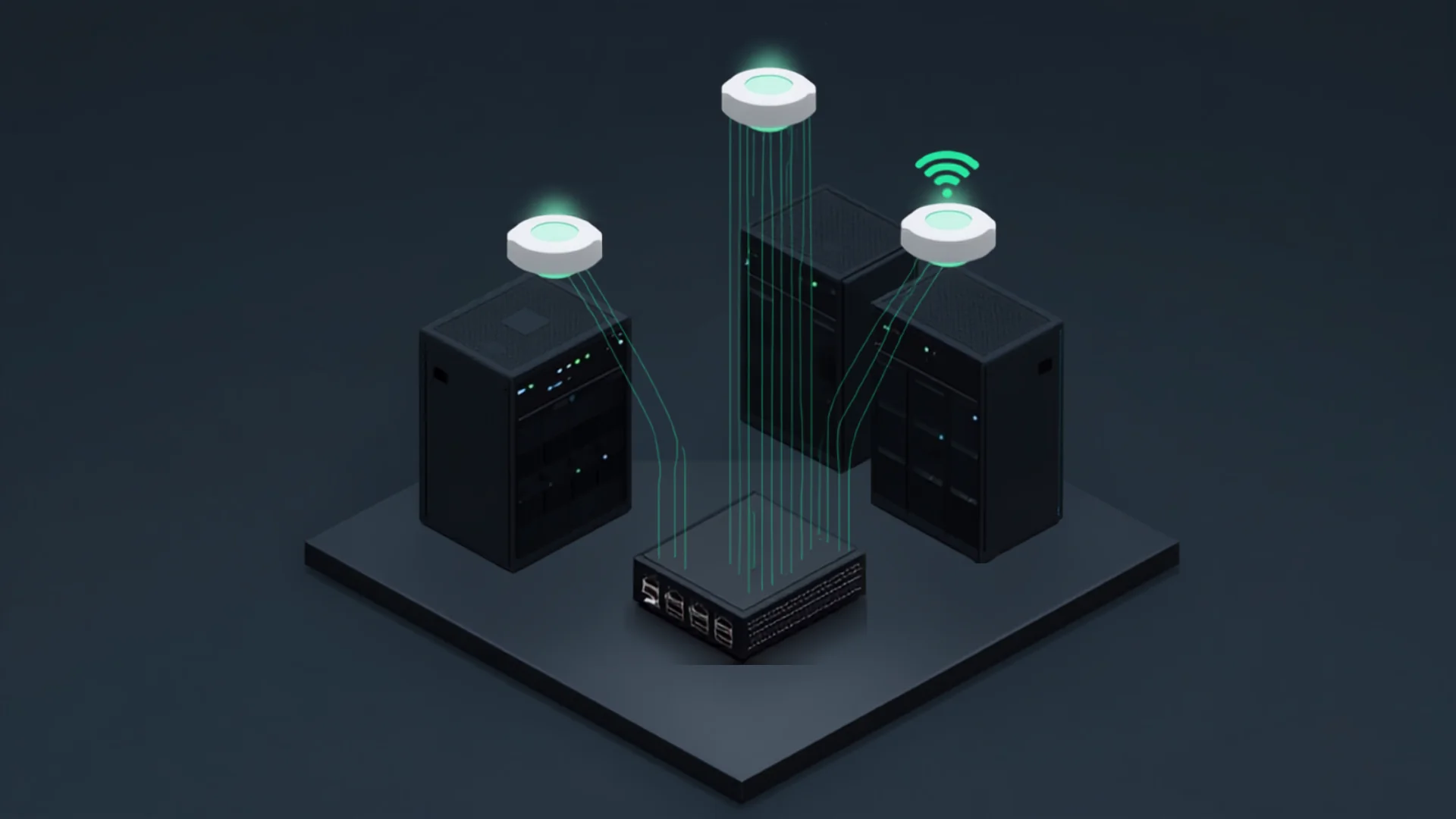 Ilustração de infraestrutura de rede empresarial: bastidores de servidores, switch e pontos de acesso wifi ligados por rede